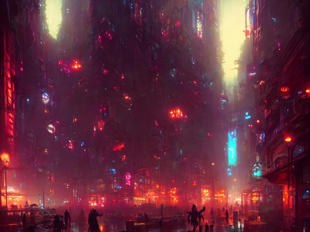 Image similar to neon city by night street view, fantasy, ultra realistic, concept art, highly detailed by greg rutkowski, gaston bussiere, craig mullins, simon bisley, eddie mendoza