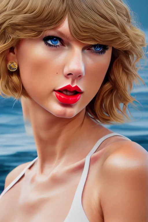 Image similar to 3 / 4 view of a portrait of taylor swift wears compact bikini, evangelion, au naturel, hyper detailed, digital art, trending in artstation, cinematic lighting, studio quality, smooth render, frostbite 3 engine rendered, art style by klimt and nixeu and ian sprigger and wlop and krenz cushart