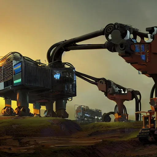 Prompt: giant quadrupedal mining machine, four legs, highly detailed body, industrial, photorealistic camera shot, in the style of simon stalenhag