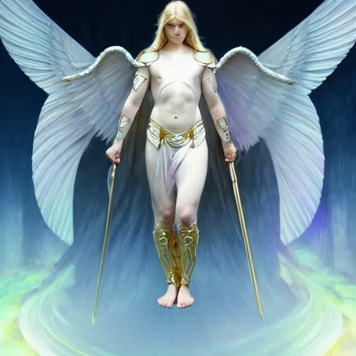 Image similar to the pale blond male angel of battle lucius wearing a white periwinkle, sci fi, glowing eyes, volumetric lights, gold theme, art nouveau botanicals, intricate, highly detailed, digital painting, artstation, concept art, smooth, sharp focus, cinematic, illustration, beautiful face, art by artgerm and greg rutkowski and alphonse mucha