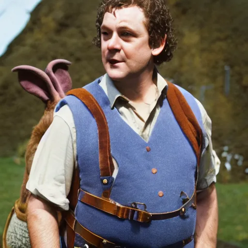 Image similar to surly clean shaven pudgy British lad with short curly dark brown hair as a hobbit wearing a white men's crossbody sling chest bag and blue vest standing next to a giant rabbit, blue vest! white crossbody chestbag! high resolution film still, movie by Peter Jackson