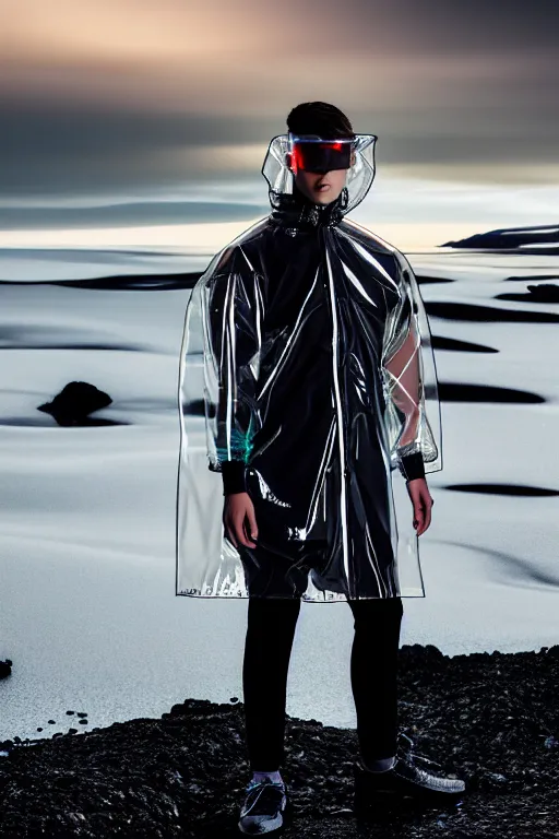 Image similar to an ultra high definition professional high fashion portrait studio full length photograph of a male model wearing a transparent pearlescent raincoat and neon visor in an icelandic black rock environment at dawn. no artefacts. extremely detailed. stark. refraction. shallow depth of field. volumetric light and shadow. ray tracing. light rays.