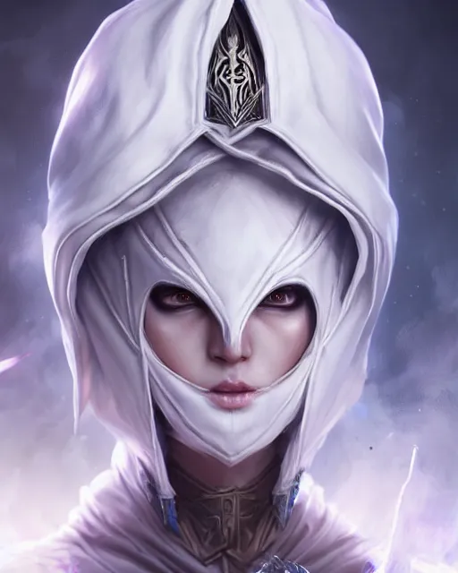 Prompt: archmage wizard in white mask!!! hooded!! eyes!! character concept art, sharp focus, octane render! unreal engine 5! highly rendered!! trending on artstation!! detailed linework!! illustration by artgerm, wlop, and chie yoshii