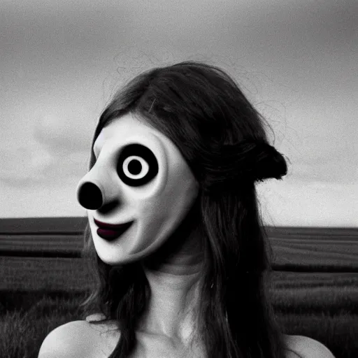 Image similar to beautiful woman with a long plasticine nose, wearing eyeballs on her head, in the countryside 1974 arthouse film, archival footage, technicolor film expired film