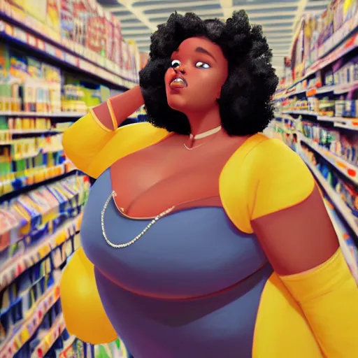 Prompt: stunning, coherent, beautiful painting, still of black bbw woman in wal-mart, follow shot, 3d, in the style of pixar, comic book style, 3d, highly detailed, 16k resolution, octane renderer, coherent, cinematic lighting