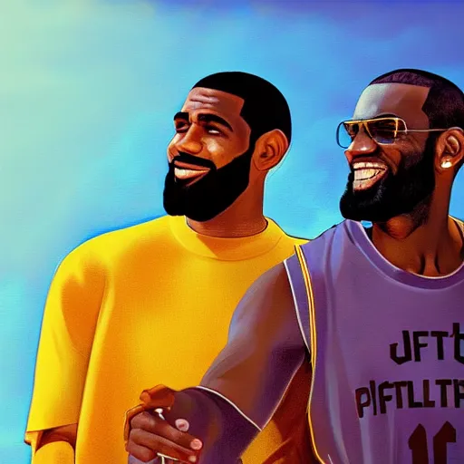 Image similar to beautiful serene intricate portrait of kyrie irving and lebron james taking a selfie, smiling softly, relaxing on the beach, golden hour, soft focus, 8 k, art by irakli nadar, hyperrealism, hyperdetailed, ultra realistic