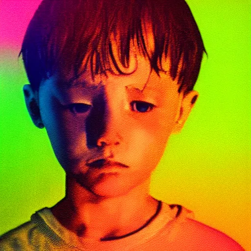 Image similar to portrait of sad kid. long shot. glitchcore, RGB shift