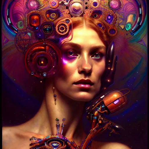 Image similar to extremely psychedelic beautiful cyborg queen of lsd. intricate, elegant, highly detailed, extremely lifelike photorealistic digital painting, artstation. steichen, gaston bussiere, tom bagshaw, cyberpunk alphonse mucha. dark pallet, melancholy. anatomically correct in every way. sultry.