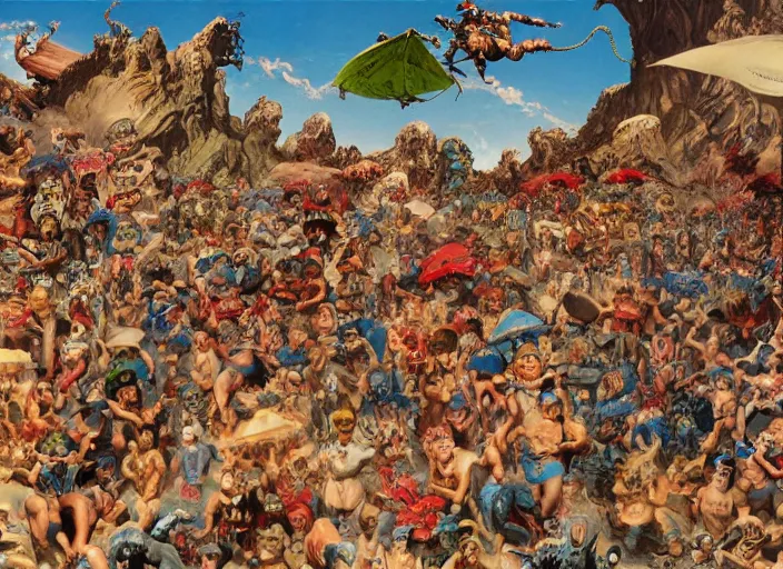 Prompt: where's waldo, lowbrow, matte painting, 3 - d highly detailed, in the style of frank frazetta,