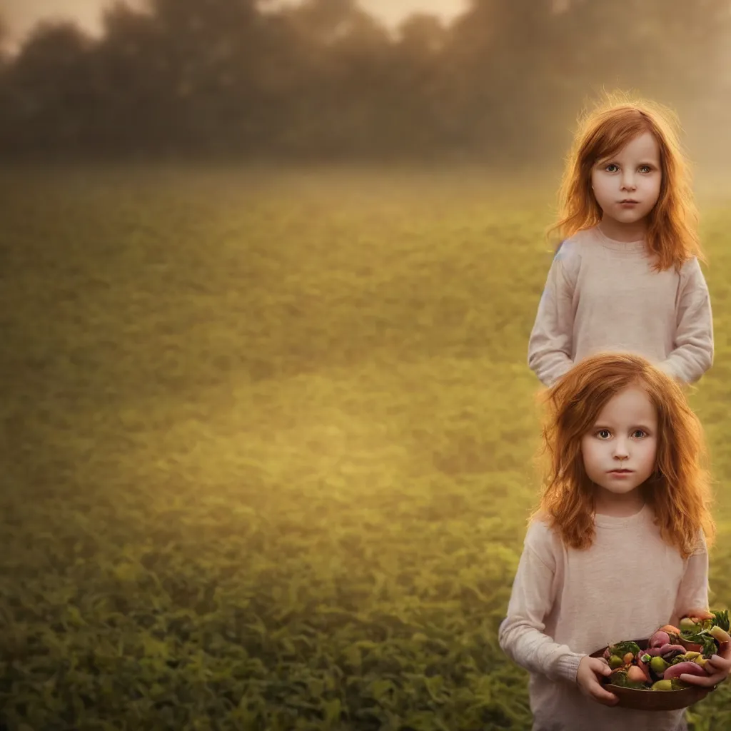 Prompt: Beautiful aesthetically pleasing single female child portrait, centered portrait, Confident holding vegetables, lush farm lands, fog, volumetric lighting beautiful, golden hour, sharp focus, ultra detailed, conceptartworld, comic art