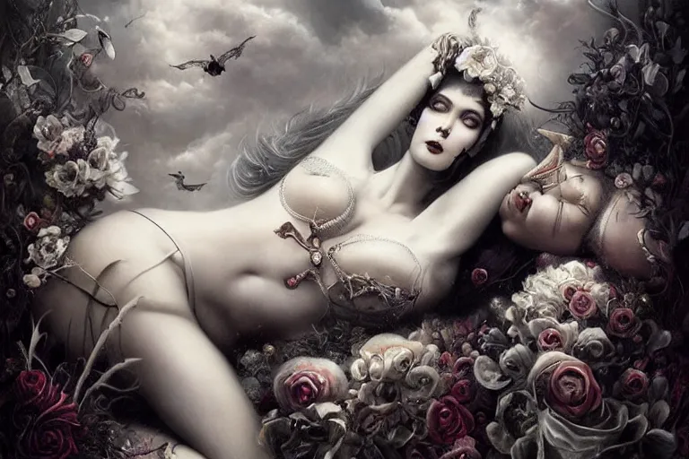 Prompt: By Tom Bagshaw, ultra realist soft painting of curiosities carnival by night, very beautiful horn single female gothic wearing corset sleeping on a overlord of the dead bed, symmetry features, very intricate details, omnious sky, black and white, volumetric light clouds