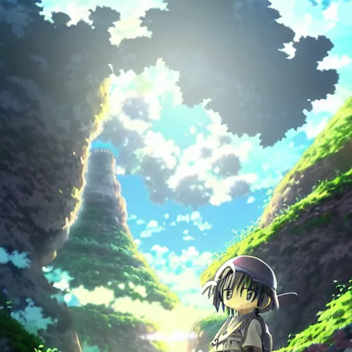 Prompt: Made In Abyss Landscape Anime Cover Art