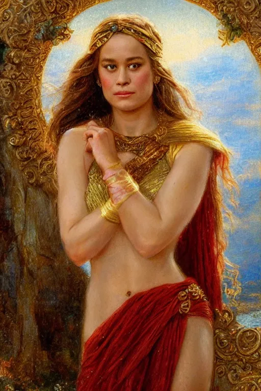 Image similar to portrait of brie larson as a greek goddess. art by gaston bussiere.