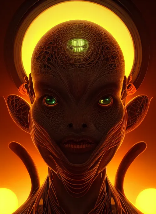 Image similar to symmetry!! portrait of grotesque alien, sci - fi, glowing lights!! intricate, elegant, highly detailed, digital painting, artstation, concept art, smooth, sharp focus, illustration, art by artgerm and greg rutkowski and alphonse mucha, 8 k
