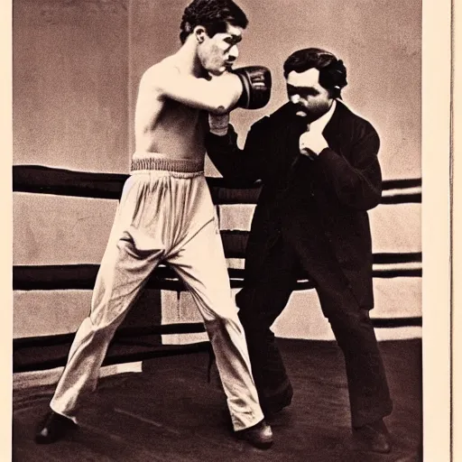 Image similar to Karl Marx boxing Ayn Rand, photo, 1920,