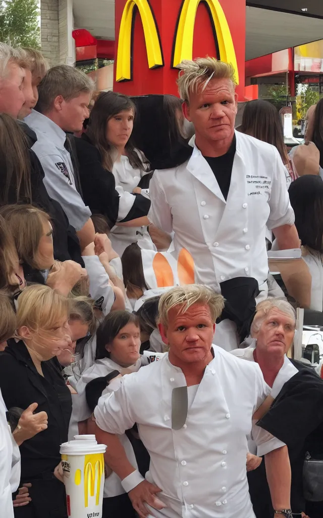 Image similar to gordon ramsay waiting in line at mcdonalds, high detailed sharp photo