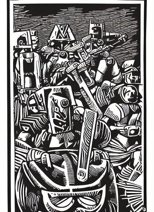 Prompt: warrior robots by Samuel Jessurun de Mesquita, linocut print