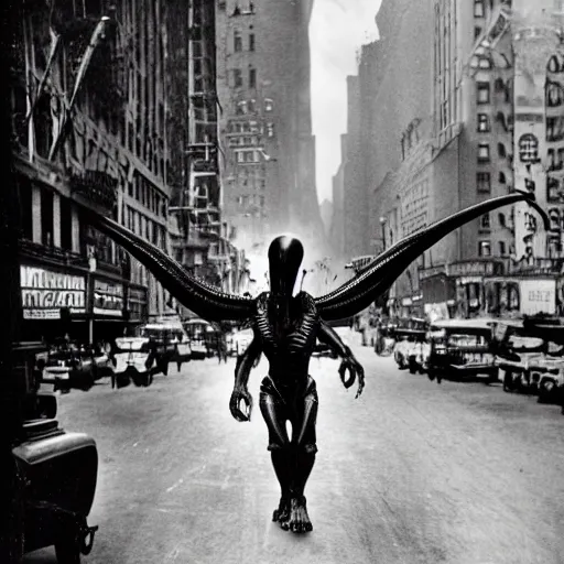 Image similar to old black and white photo, 1 9 1 3, depicting a xenomorph from the movie aliens rampaging through the bustling streets of new york city, historical record