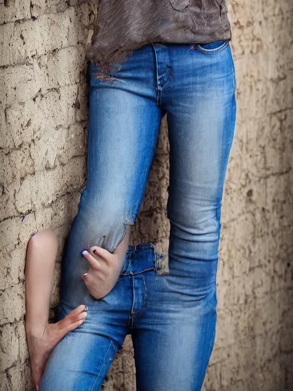 Image similar to hyperdetailed photo of a beautiful ukrainian girl with brown eyes and dark bob hairstyle, winds of winter, with plain jeans and t - shirt