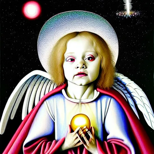 Prompt: beautiful high details hyper realistic painting of white angel in the hood coming from space with giant ball of miracle light from the chest!!!!!, 4 k hd face!!!, cute face, no gender, giant silver holographic wings, by jan van eyck, holography space, white sparkles everywhere, thin strokes, high textures, silver background