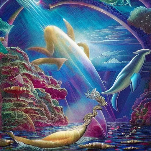 Image similar to gilbert williams portrait of a crystal temple in atlantis, iridescent dolphins swimming in the sea, unicorn flying in the sky, paleozoic anima flying in the sky,