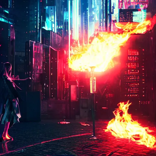 Image similar to a girl like (yoona, Elle Fanning), casting fire spell, background cyberpunk city, full shot, photo, volumetric lighting, epic composition, intricate details, dark neon punk, by KDA