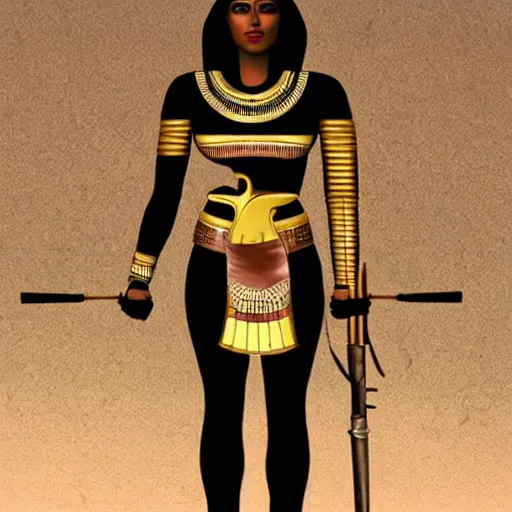 Image similar to full body photo of a female Egyptian warrior with weapons