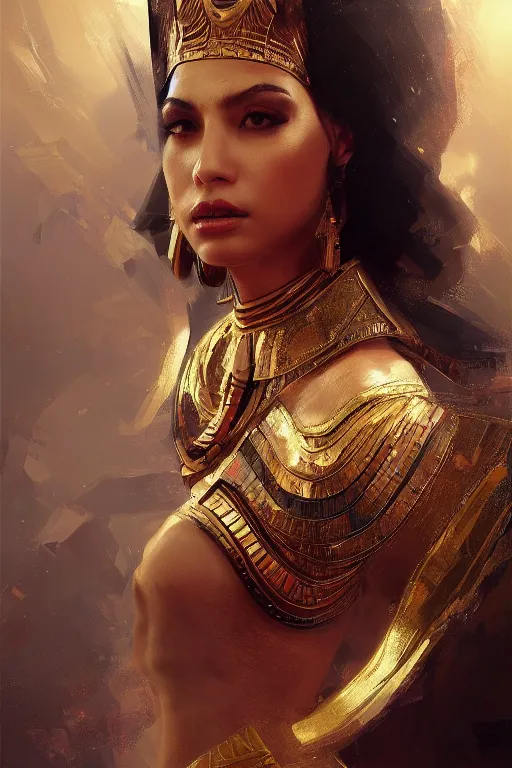 Image similar to egyptian princess, gorgeous, portrait, powerfull, intricate, elegant, volumetric lighting, digital painting, highly detailed, artstation, sharp focus, illustration, ruan jia