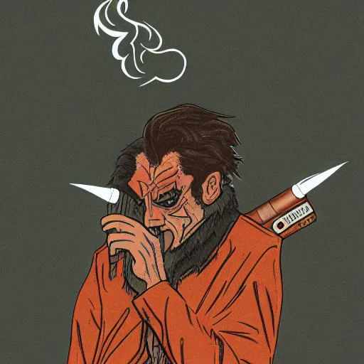 Prompt: detailed werewolf smoking ciggars in the style of kramer poster ylli haruni