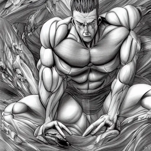 Image similar to a crawling mountain of muscles, highly detailed, anime, pale colors, award winning pictures, by studio mappa, by studio wit