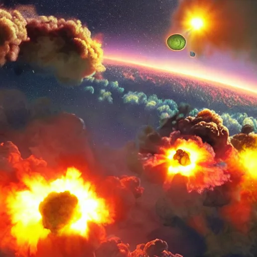 Image similar to ultraRealistic 4k color picture of atomic warfare and universe Realistic lighting
