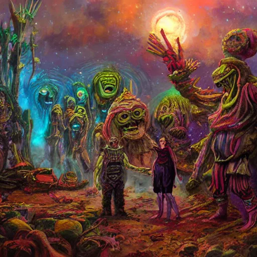 Image similar to extraterrestrial wedding in village on ancient post - apocalyptic planet, jim henson creature shop, vivid and colorful, cinematic, oil painting, highly detailed, illustration