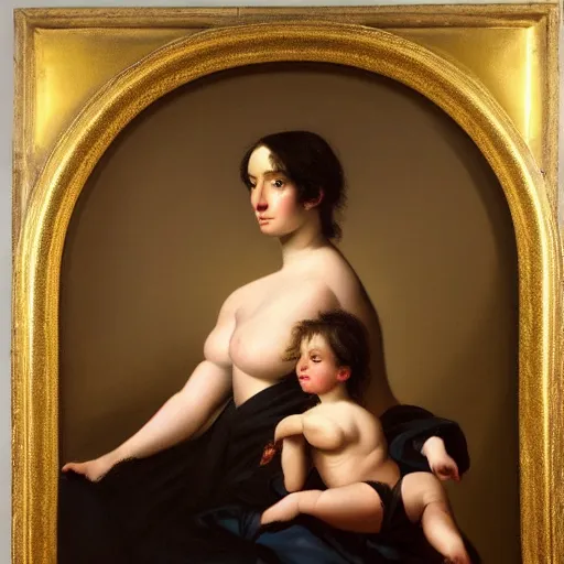 Prompt: Painting in the style of roberto ferri of a mother holding her kid