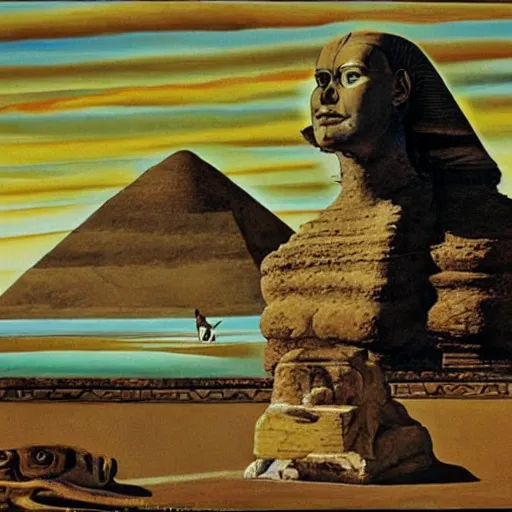 Image similar to the sphinx with the head of john cleese, young john cleese's head on the sphinx, painting by salvador dali