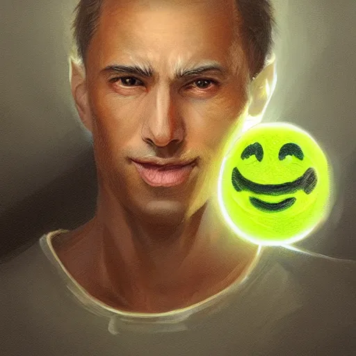 Image similar to a guy with a tennis ball for a head with a smiley face painted on it, portrait, D&D, fantasy, highly detailed, digital painting, artstation, concept art, sharp focus, illustration, art by artgerm and greg rutkowski and alphonse much