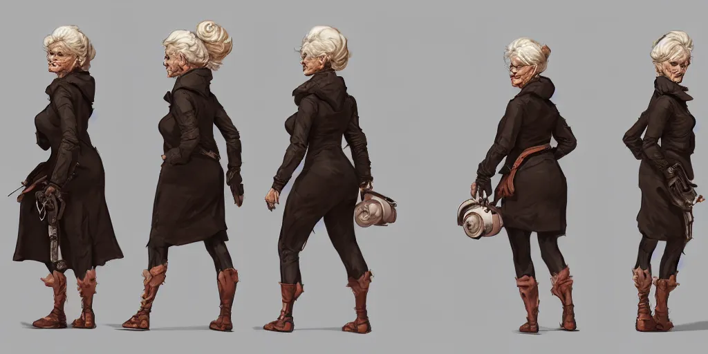 Image similar to nice old lady running down a dream, character sheet, fine details, concept design, contrast, brigitte bardot, kim jung gi, greg rutkowski, trending on artstation, 8 k, full body, turnaround, front view, back view, ultra wide angle