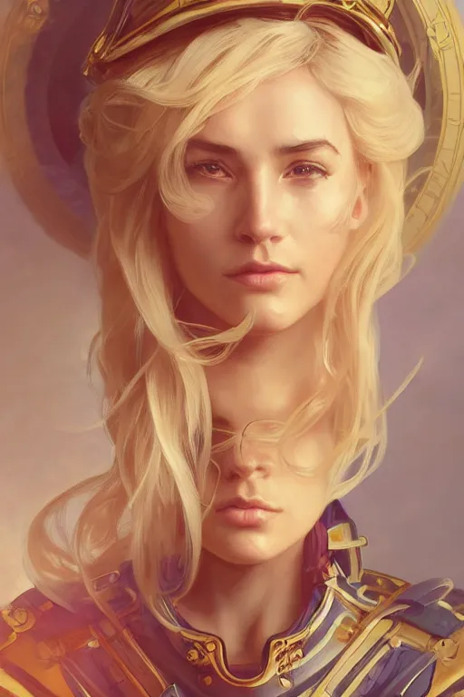 Image similar to beautiful portrait of a female officer wearing a fancy naval uniform, art by artgerm, wlop, craig mullins, alphonse mucha, science fiction, intricate detail, blonde hair, space background, trending on artstation, sharp focus, illustration, caustics, octane render, radiant light, 4 k