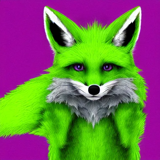 Image similar to photorealistic green fox with green fur and glowing magenta eyes, wearing a black hoodie