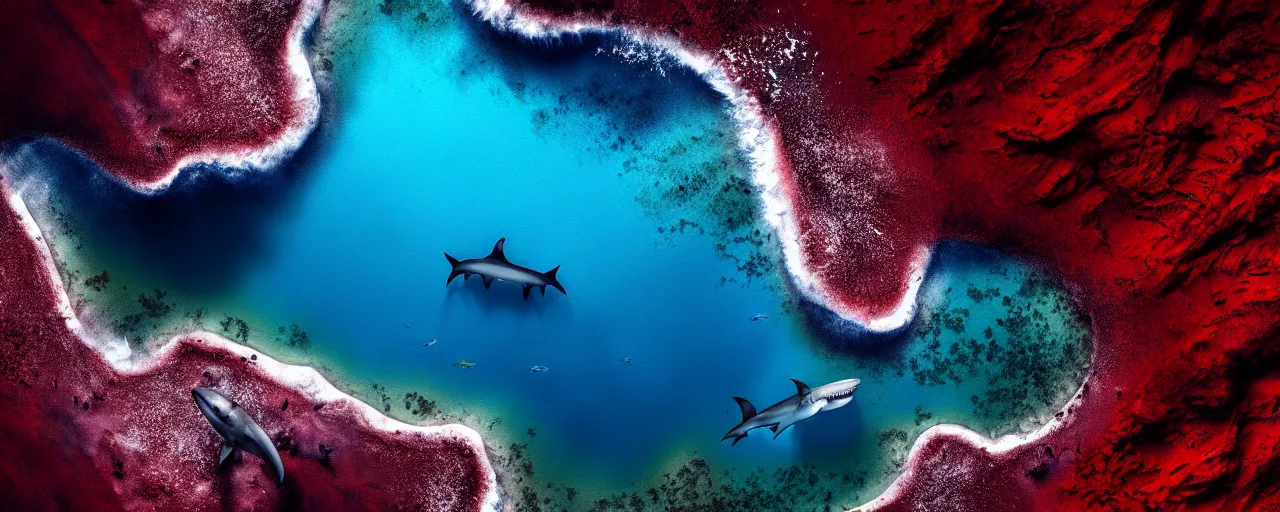 Prompt: A gorgeous detailed oil of a dark red sea covered in big blue steep rocks, sharks, the further away the mistier it gets, surreal, concept art, dark aesthetic, atmospheric, moody, hyperrealism, highly detailed, masterpiece, award winning, 4k, unreal engine, ray tracing