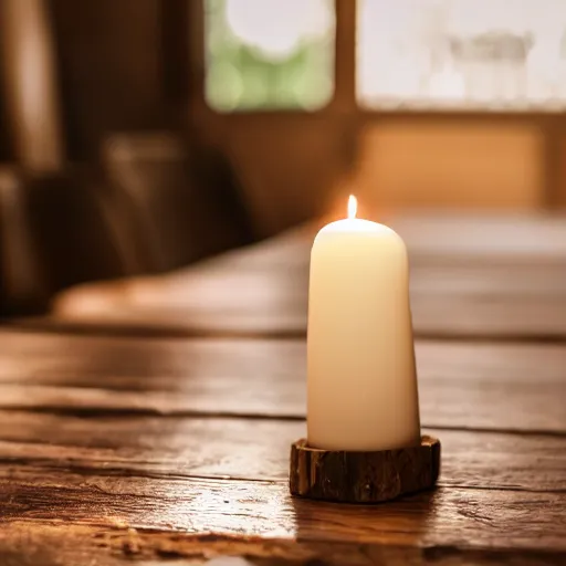 Prompt: a white candle on a wooden table. subsurface scattering