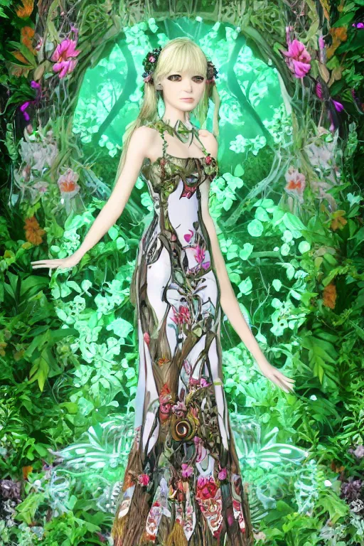 Prompt: beautiful female forest spirit wearing ornate floral cybernetic hungarian valentino resort dress in a lofi 3 d psx rpg style, esoteric magical alien meadow ritual environment, fashion gameplay screenshot portrait, highly detailed, atelier, xenogears
