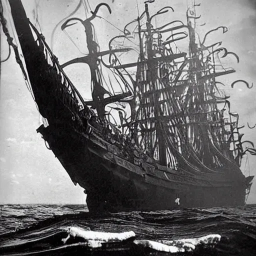 Image similar to an impossibly huge pirate ship, being attacked by a kraken, giant tentacles, lovecraft. 1930s photograph