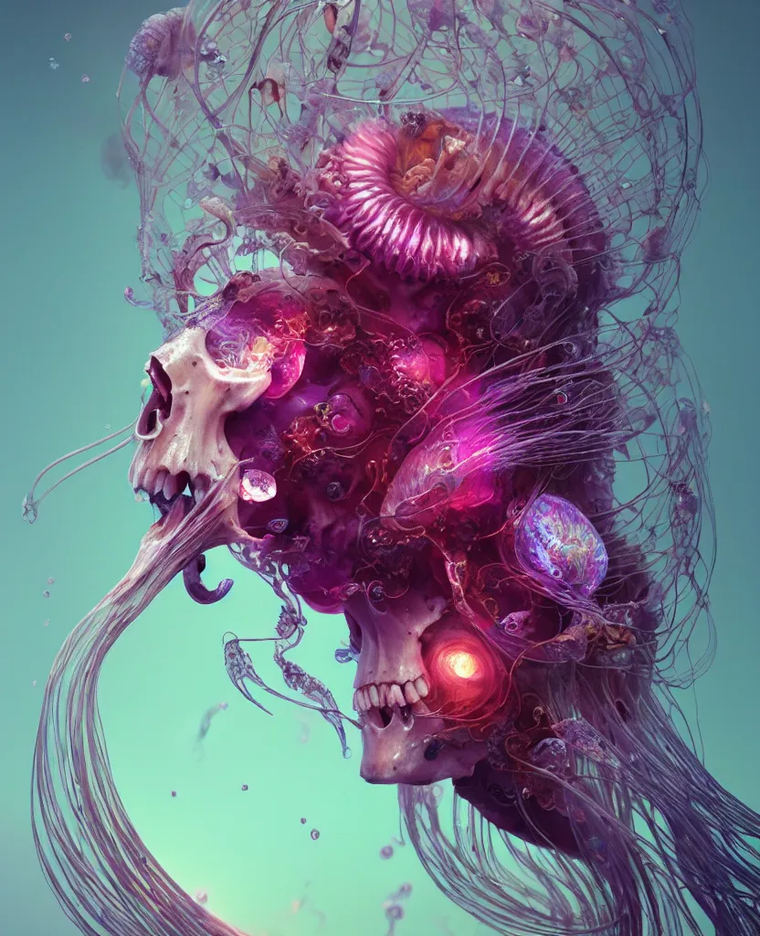 Image similar to goddess close-up portrait animal skull. jellyfish phoenix head, nautilus, orchid, skull, betta fish, bioluminiscent creatures, intricate artwork by Tooth Wu and wlop and beeple. octane render, trending on artstation, greg rutkowski very coherent symmetrical artwork. cinematic, hyper realism, high detail, octane render, 8k