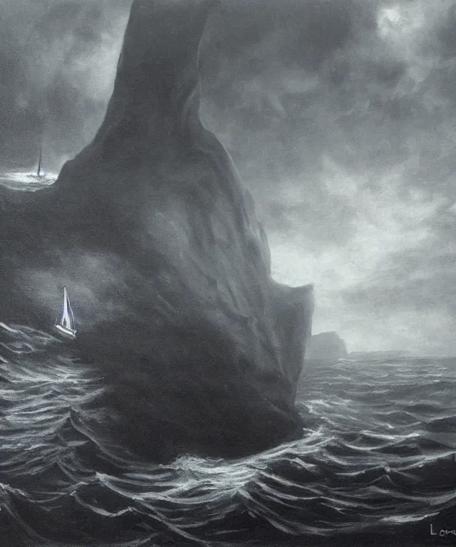 Image similar to photorealistic painting of a 1 9 2 5 seiner sailing near a tropical cliff with the mouth of a sea cave at the waterline, dark, brooding, atmospheric, lovecraft, horror, smooth, epic, highly detailed, cinematic, by lee gibbons