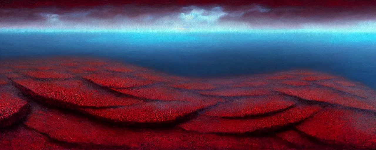 Image similar to A gorgeous detailed oil of a dark red sea covered in big blue steep rocks, the further away the mistier it gets, surreal, concept art, dark aesthetic, atmospheric, moody, hyperrealism, highly detailed, masterpiece, award winning, 4k