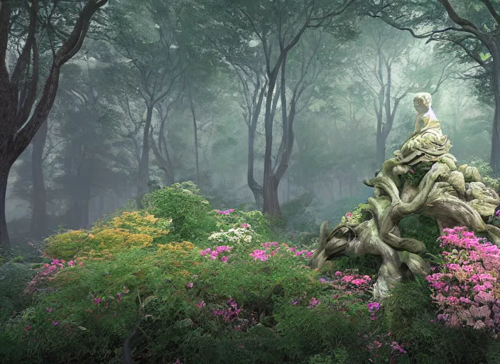 Image similar to an idealistic marble statue with fractal flowery hair, in a magical forest, painted by, mc escher, gordon onslow ford, georgia o'keeffe and ivan aivazovsky, cinematic light, god rays, colourful, unreal engine, zbrush central,