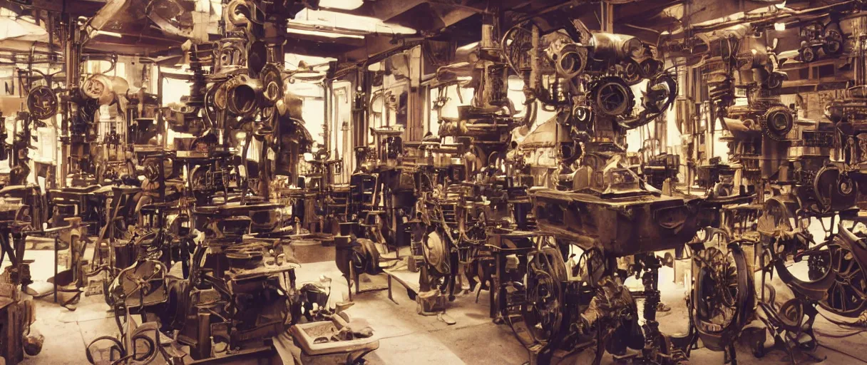 Image similar to movie still 4 k uhd 3 5 mm film color photograph of an steampunk workshop full of xix century differential machines