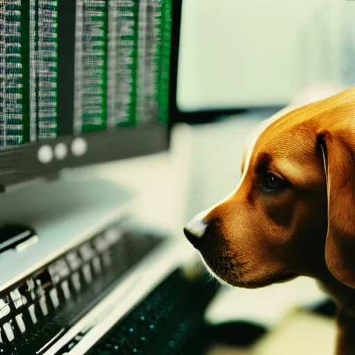 Prompt: photo of dog staring at stock market graph on a computer monitor cinestill, 800t, 35mm, full-HD