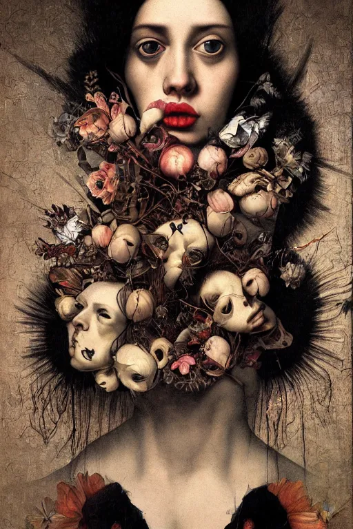 Image similar to Detailed maximalist portrait with large lips and wide eyes, sad expression, extra hands, HD mixed media, 3D collage, highly detailed and intricate, surreal, illustration in the style of Caravaggio, dark art, baroque