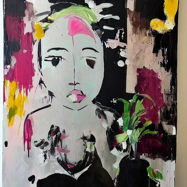 Image similar to “ a portrait in a female art student ’ s apartment, sensual, a pig theme, art supplies, paint tubes, ikebana, herbs, a candle dripping white wax, black walls, squashed berries, berry juice drips, acrylic and spray paint and oilstick on canvas, surrealism, neoexpressionism ”